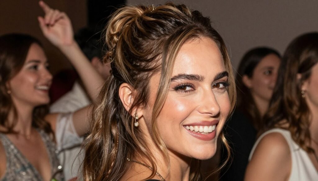 Happy woman with beautiful birthday hairstyle at celebration