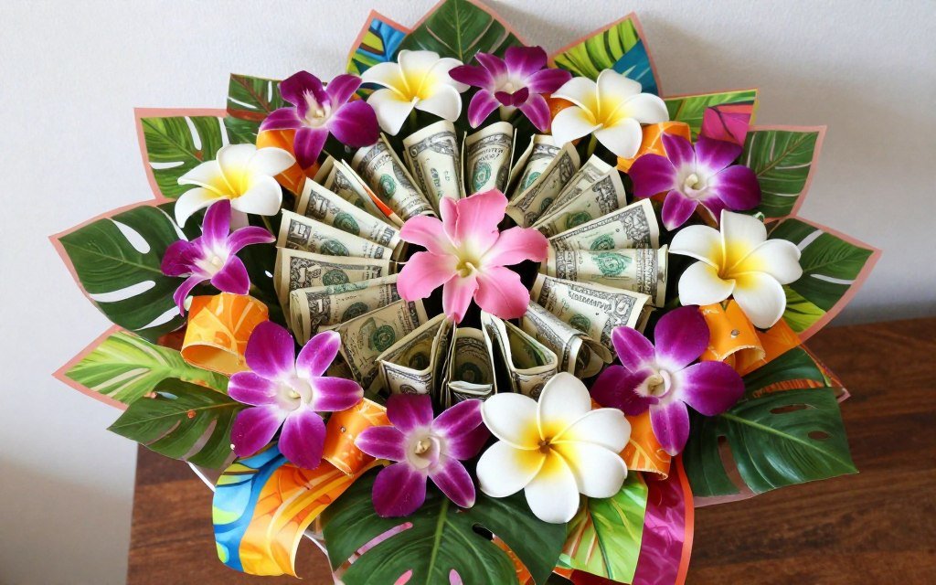 Hawaiian lei inspired money bouquet design