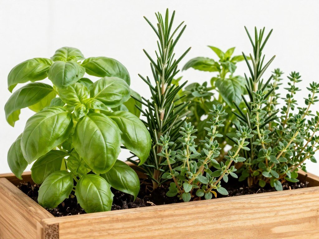 Herb planter box with variety of culinary herbs including basil, thyme, and rosemary Herb planter box with variety of culinary herbs including basil, thyme, and rosemary