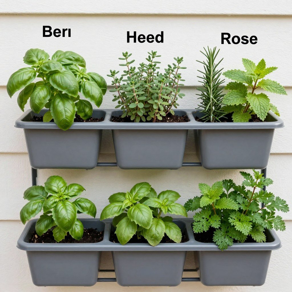 Herb wall garden with various culinary herbs in outdoor wall planters