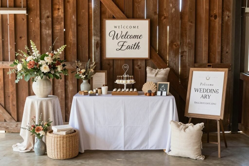 Highly pinnable barn wedding decoration vignette with styled elements Highly pinnable barn wedding decoration vignette with styled elements