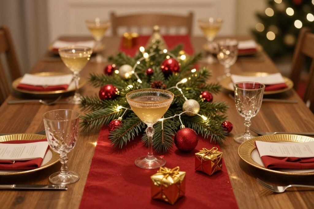 Holiday cocktail table with festive decorations and warm lighting