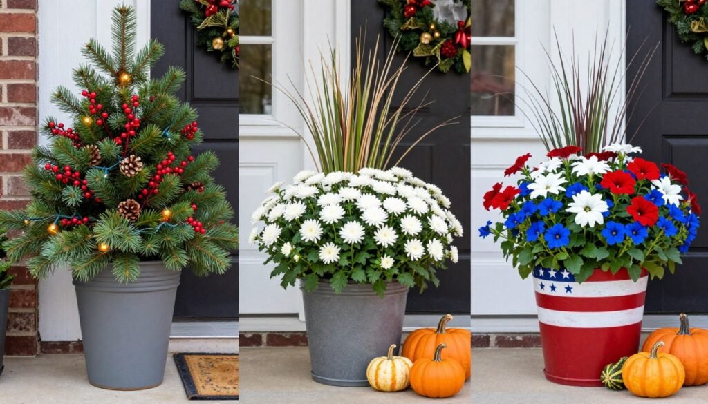 Holiday-themed front door planters showing arrangements for different seasonal celebrations Holiday-themed front door planters showing arrangements for different seasonal celebrations