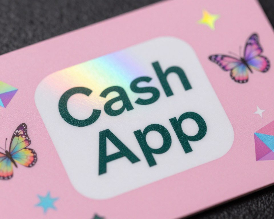 Holographic stickers on pink cash app card creating rainbow effects