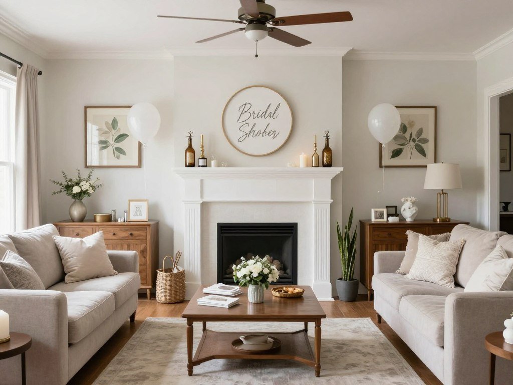 Home venue decorated for bridal shower showing strategic placement