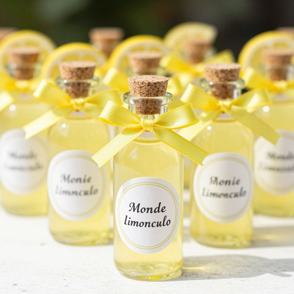 Homemade limoncello in small bottles as bridal shower favors