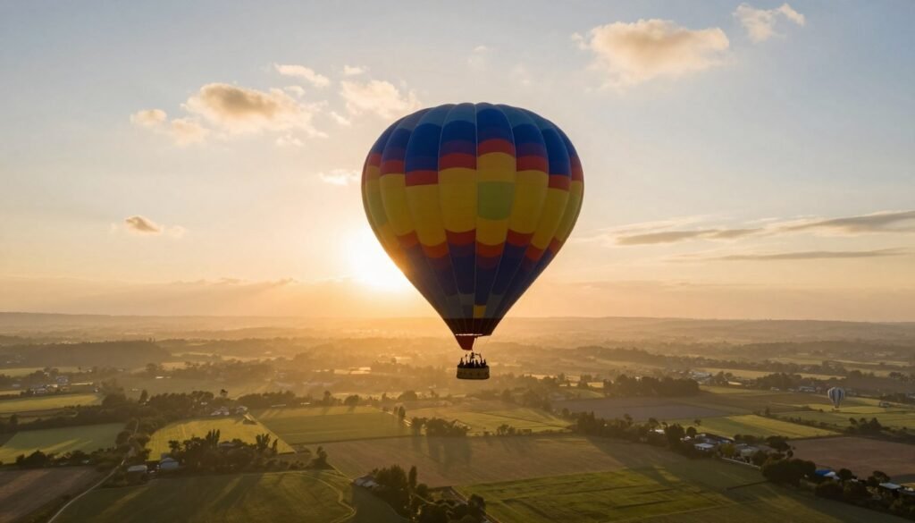 Hot air balloon floating over scenic landscape at sunrise Hot air balloon floating over scenic landscape at sunrise