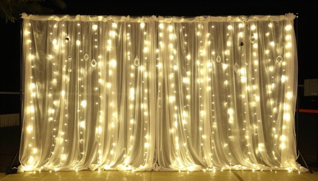 Illuminated backdrop with fairy lights and translucent elements Illuminated backdrop with fairy lights and translucent elements