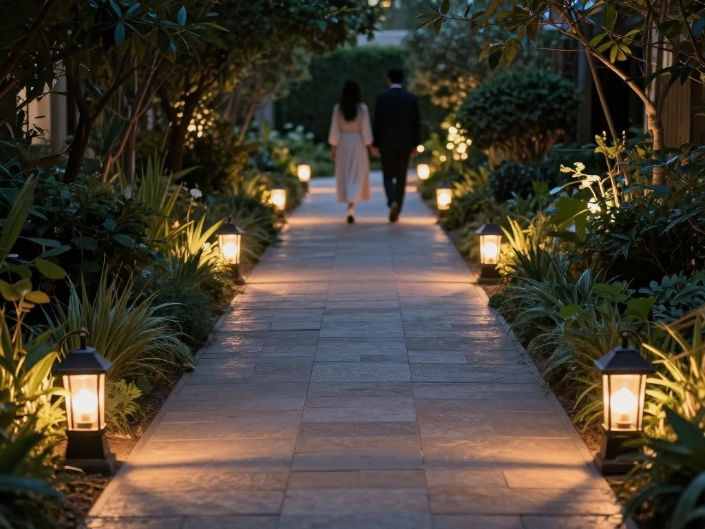 Illuminated pathway with lanterns at wedding