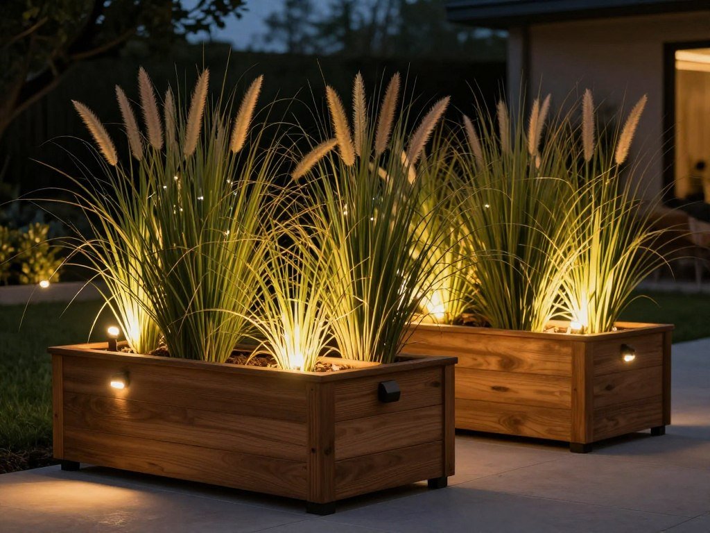 Illuminated privacy planters with integrated lighting for evening ambiance