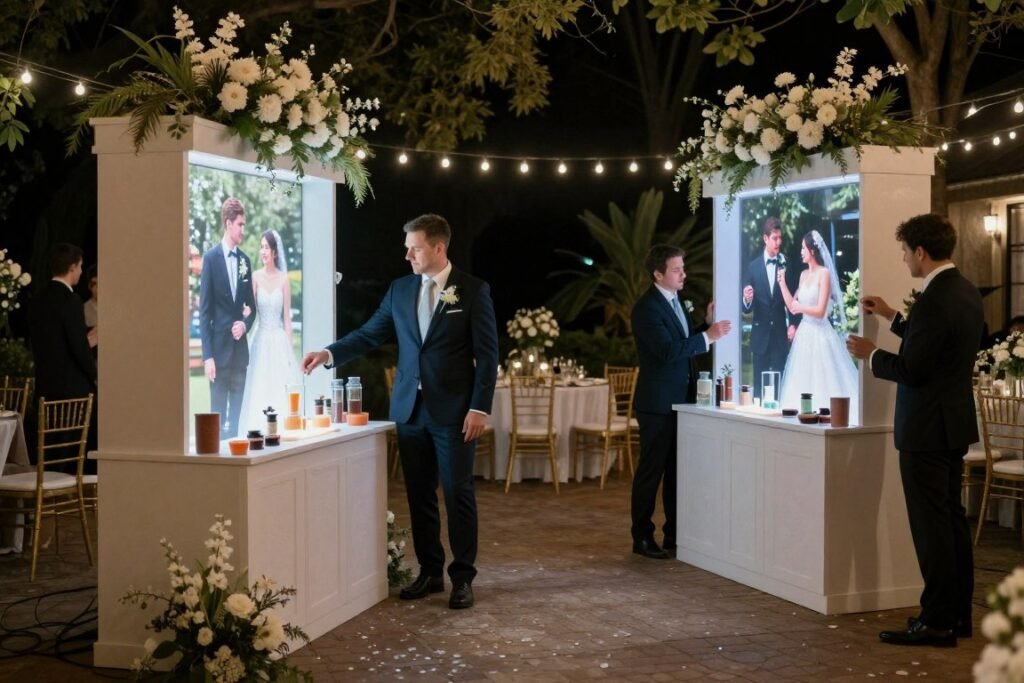 Immersive wedding decor with interactive elements, lighting effects, and multi-sensory details