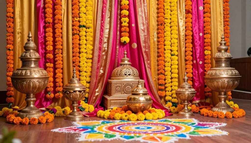 Indian wedding decoration with marigold garlands and vibrant colors