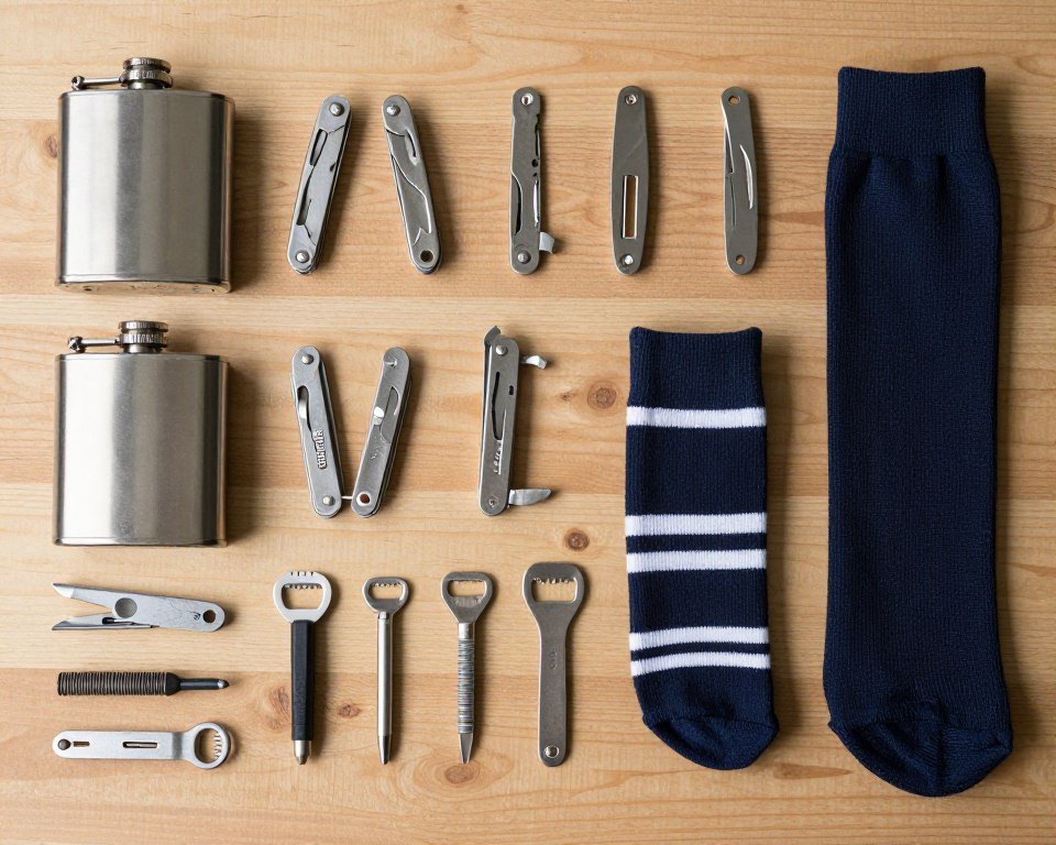 Individual groomsmen gift items ready for DIY box assembly