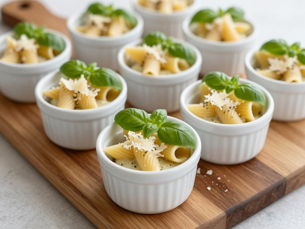 Individual pasta portions served in mini pots for bridal shower