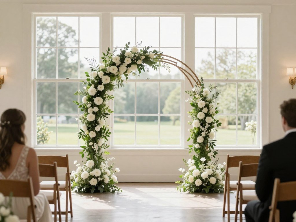 Indoor arch decoration wedding positioned in front of windows