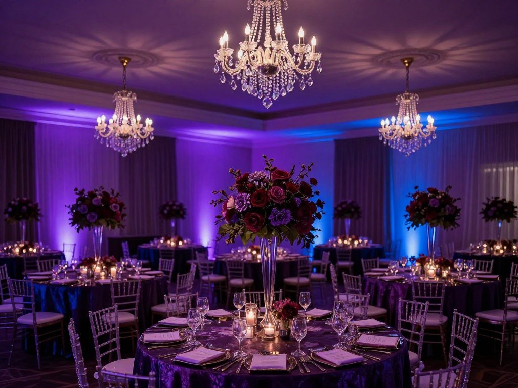 Indoor wedding reception with dramatic jewel tone lighting and decor Indoor wedding reception with dramatic jewel tone lighting and decor