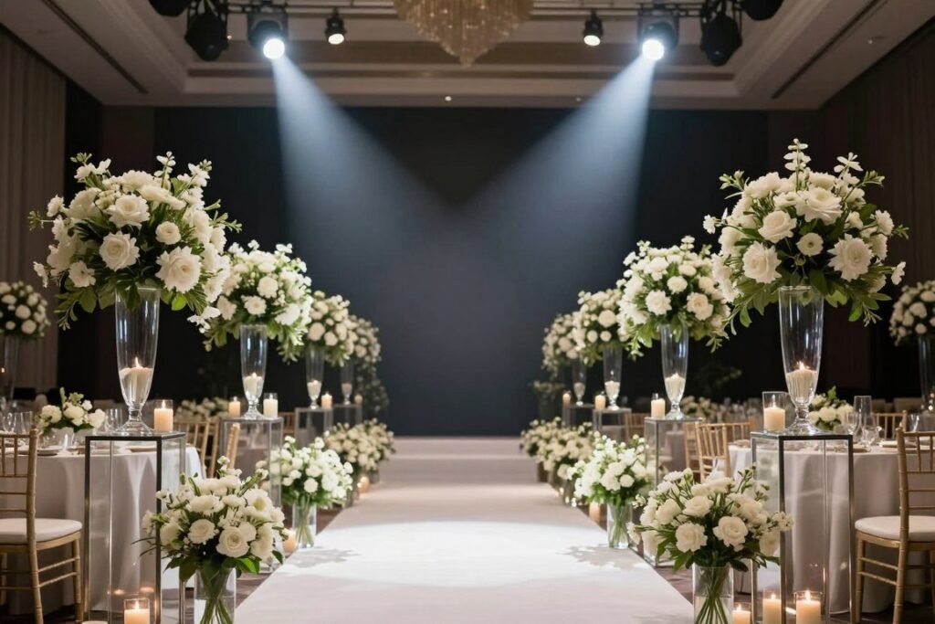 Indoor wedding venue aisle with dramatic lighting and floor arrangements