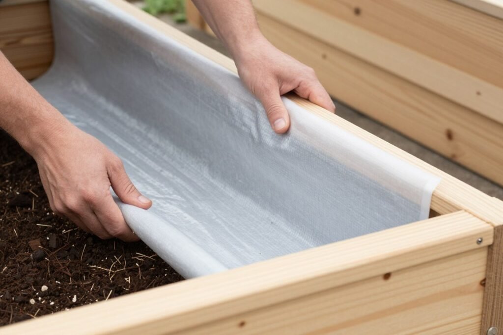 Installing a liner in a cedar planter box Installing a liner in a cedar planter box
