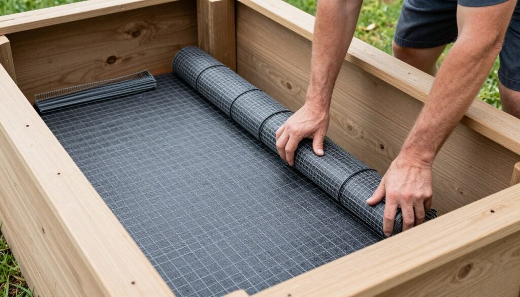 Installing hardware cloth and landscape fabric in a raised planter box