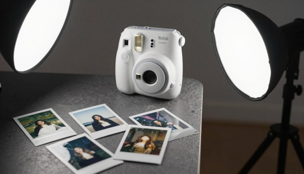 Instant camera with example photos showing proper lighting technique Instant camera with example photos showing proper lighting technique