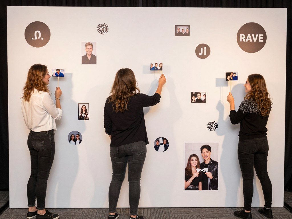 Interactive backdrop decoration with elements that encourage guest participation