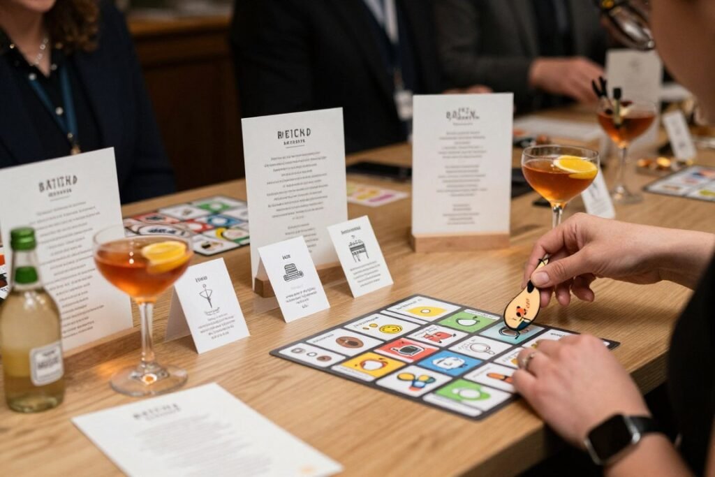 Interactive elements on cocktail tables including conversation cards and small games