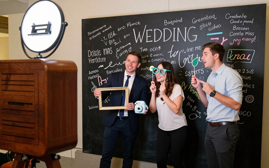 Interactive wedding photo booth with chalkboard backdrop and props