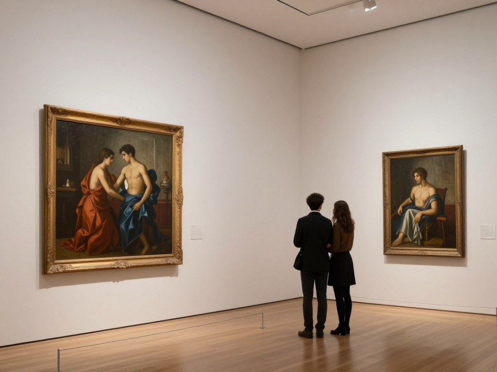 Intimate art gallery with beautiful paintings and romantic lighting Intimate art gallery with beautiful paintings and romantic lighting