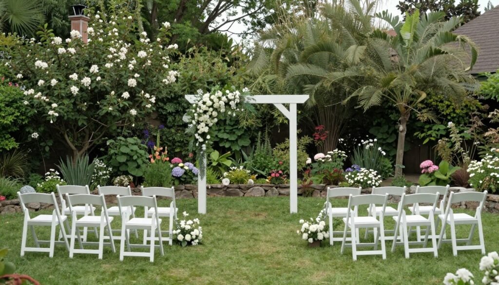 Intimate backyard garden wedding ceremony setup