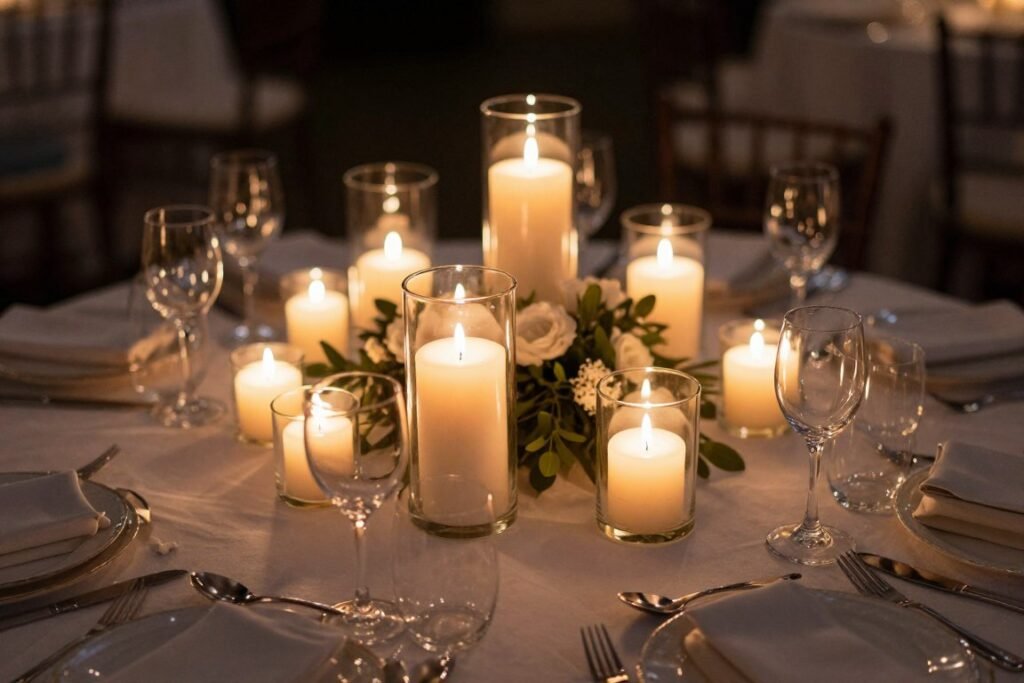 Intimate round wedding table with candles and soft lighting