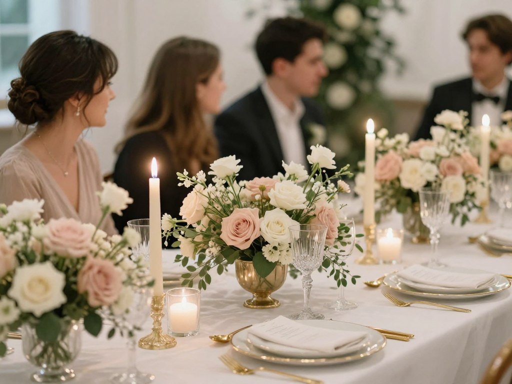 Intimate wedding reception with low floral centerpieces and candles