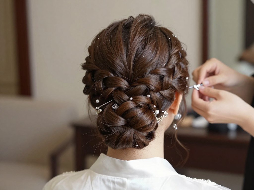 Intricate braided updo bridesmaid hairstyle for formal wedding