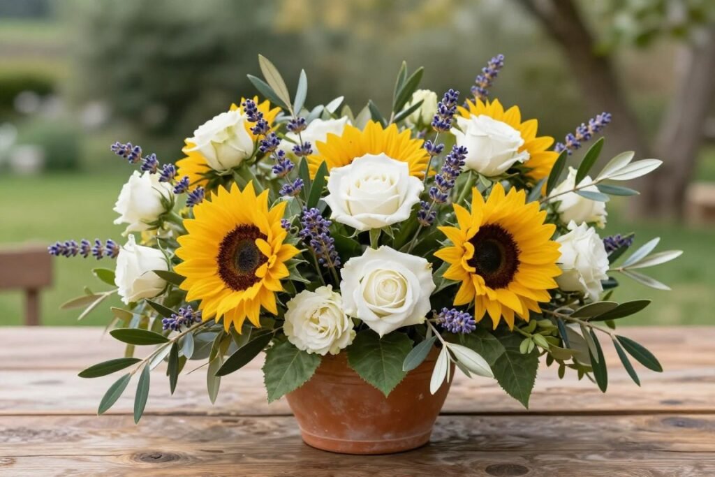 Italian bridal shower floral centerpiece with sunflowers and olive branches