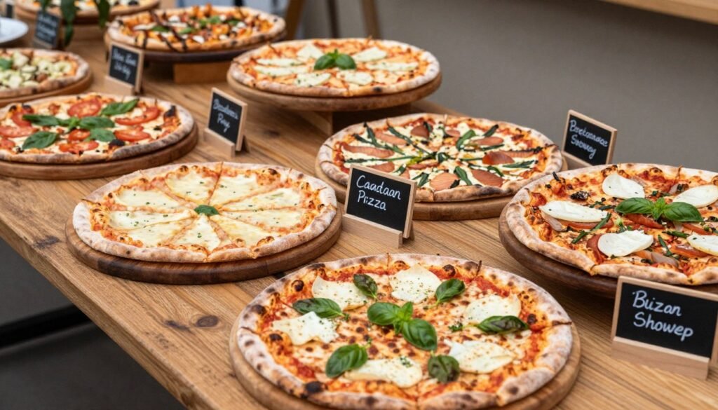 Italian bridal shower pizza bar station with multiple pizza varieties