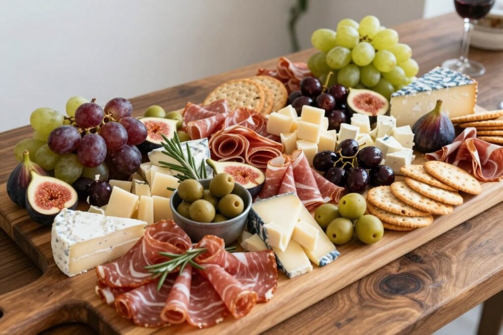 Italian charcuterie board with meats and cheeses for bridal shower