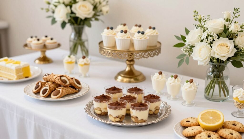 Italian dessert table for bridal shower with tiramisu and cannoli
