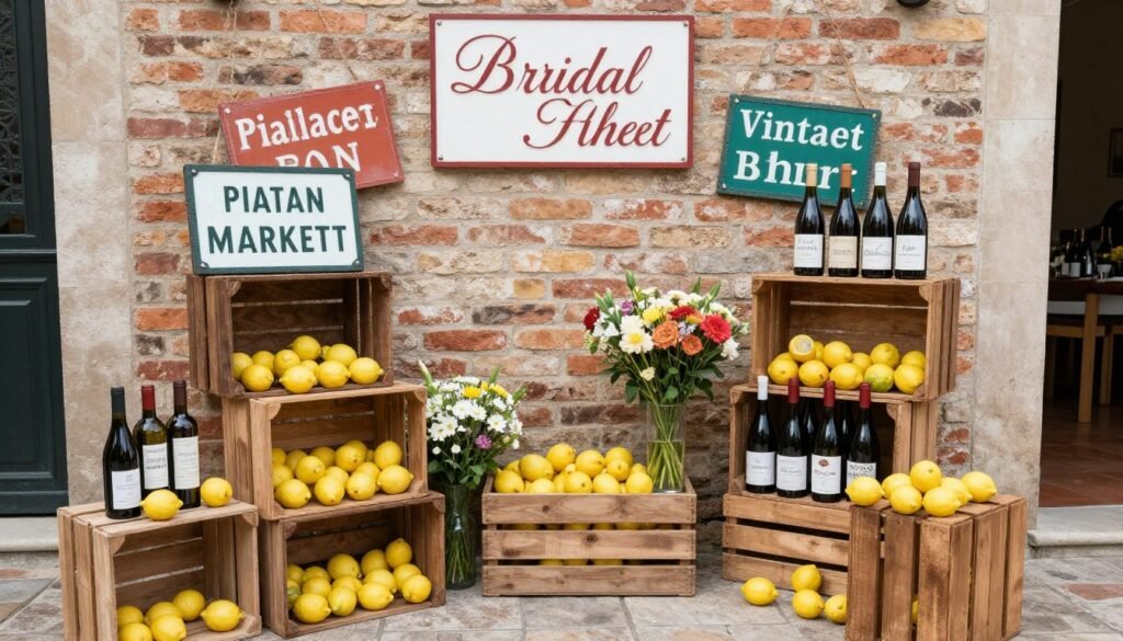 Italian market themed photo backdrop for bridal shower