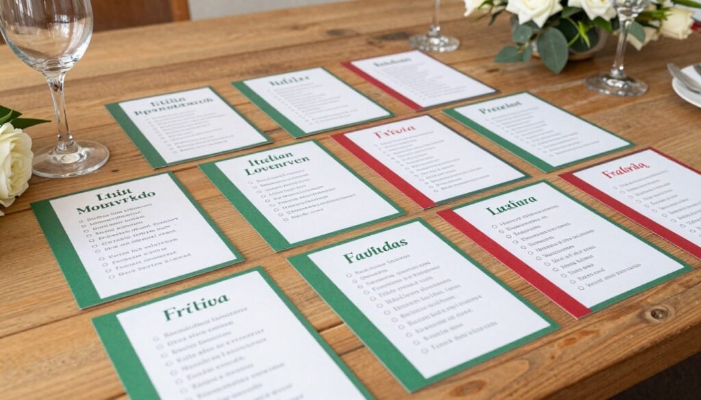 Italian themed bridal shower game cards on rustic table