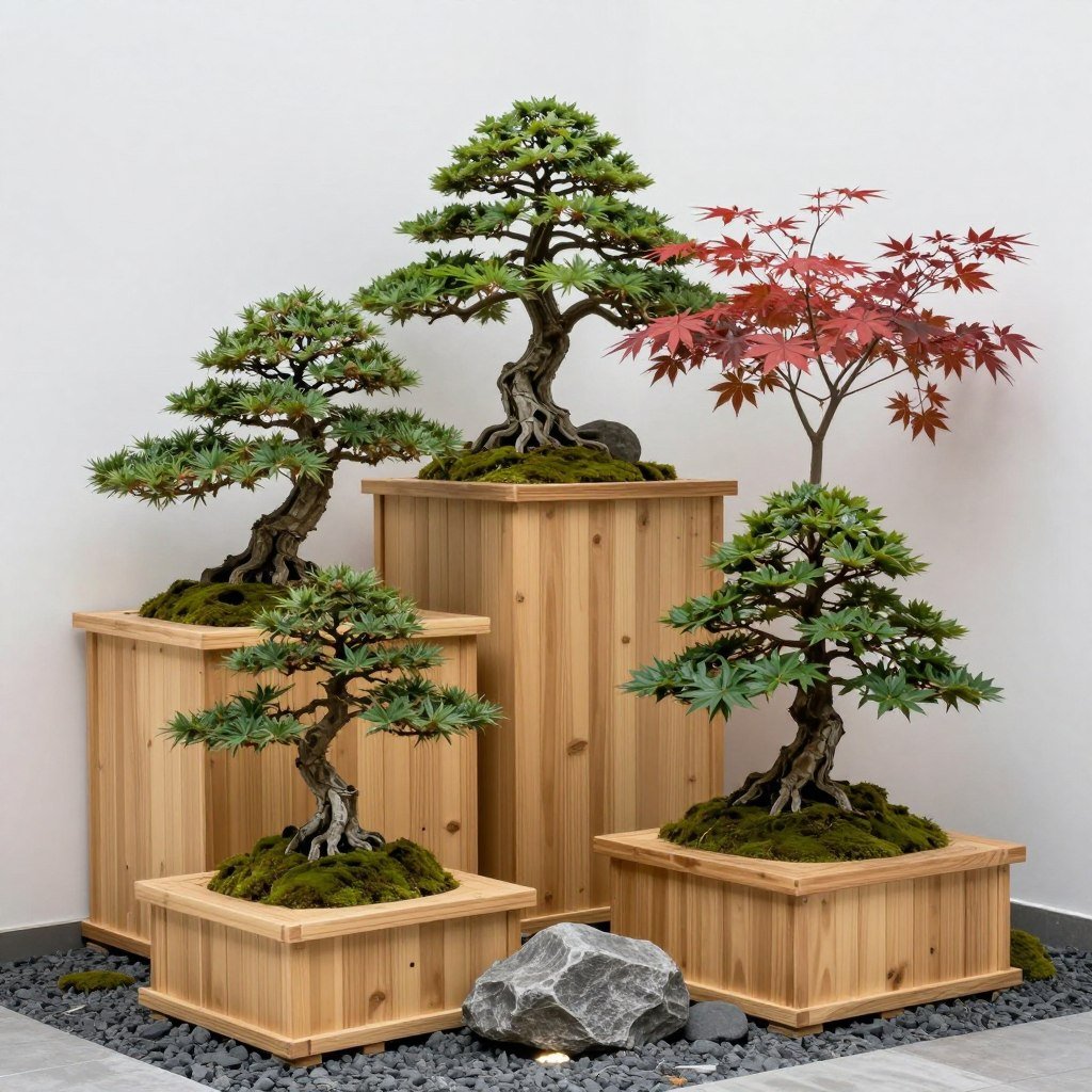 Japanese-inspired garden with cedar planters and bonsai Japanese-inspired garden with cedar planters and bonsai