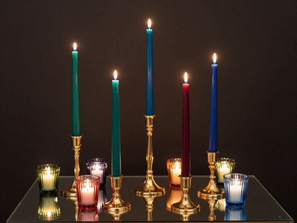 Jewel tone candle arrangement with emerald, sapphire, and burgundy taper candles in gold holders Jewel tone candle arrangement with emerald, sapphire, and burgundy taper candles in gold holders