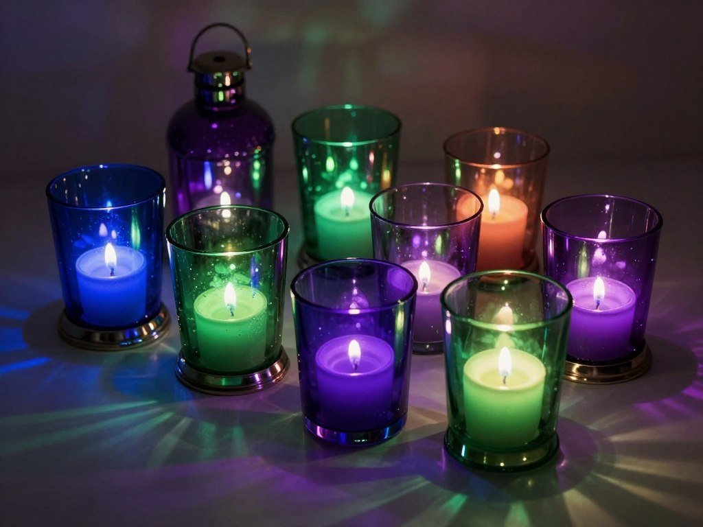 Jewel tone candle holders and lanterns creating colorful light patterns Jewel tone candle holders and lanterns creating colorful light patterns