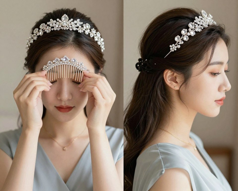 Jeweled comb or headband adorning bridesmaid hairstyle Jeweled comb or headband adorning bridesmaid hairstyle