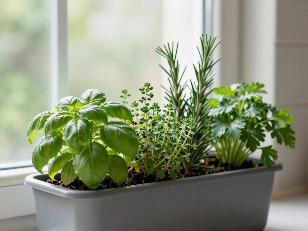 Kitchen window box filled with various culinary herbs Kitchen window box filled with various culinary herbs