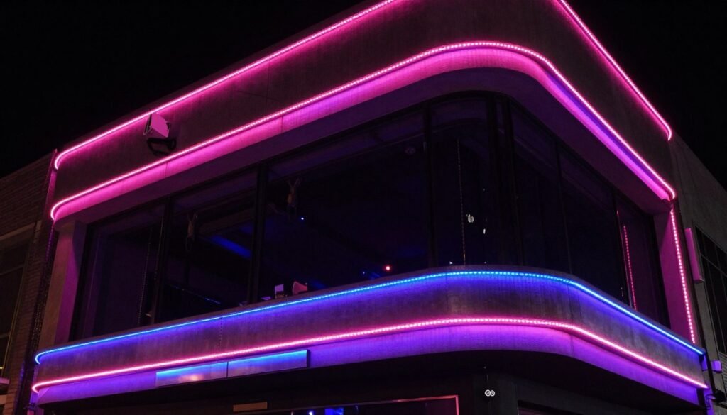 LED rope lights outlining club building architectural features