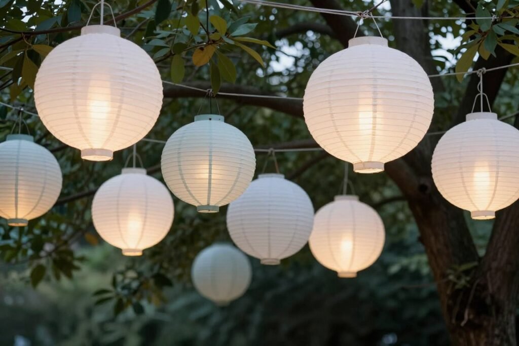 Lanterns lining a pathway at a backyard wedding