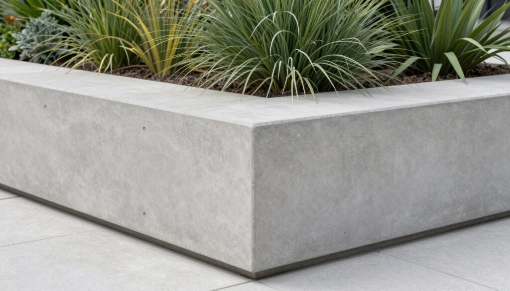 Large concrete planter box with architectural design featuring ornamental grasses Large concrete planter box with architectural design featuring ornamental grasses