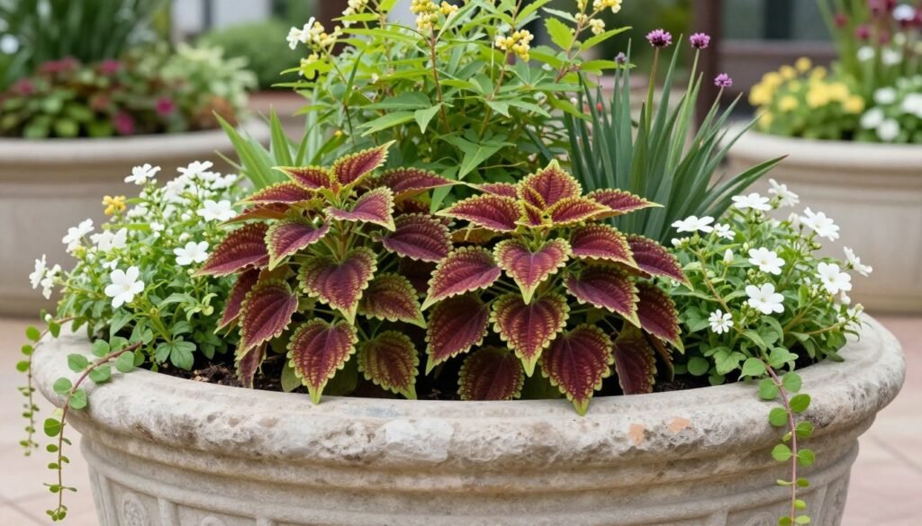 Large container garden featuring coleus with complementary companion plants