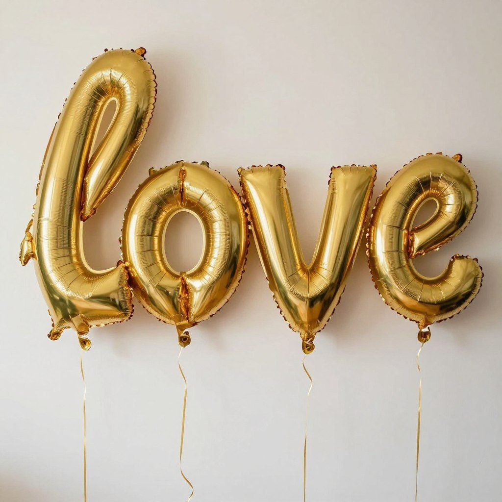 Large gold letter balloons spelling 'LOVE' with ribbon tassels