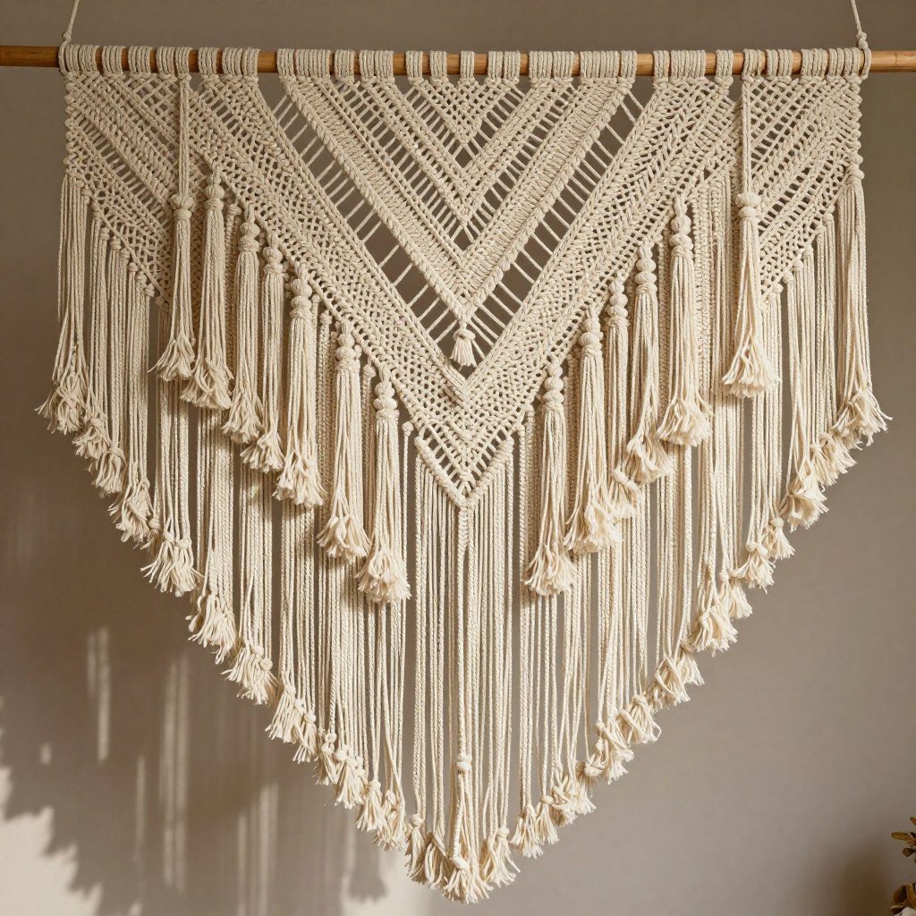 Large macrame hanging installation with woven patterns and tassels