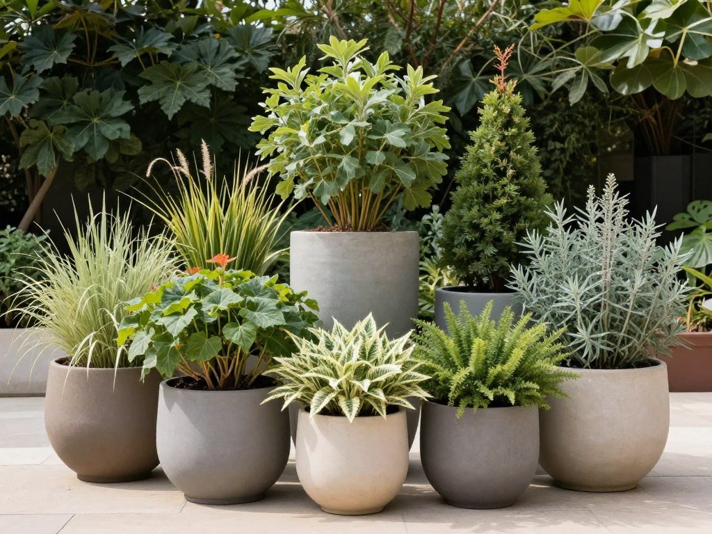 Large outdoor planters arranged in a grouping to create visual interest